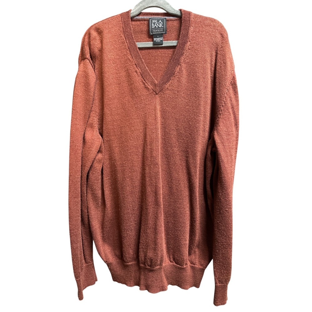 Jos. A. Bank Traveler 100% Merino Wool V-Neck Pullover Sweater Rust Brown Mens L